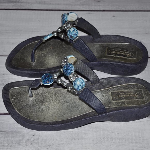 Grandco Sandals Thong Flip Flops With Sapphire Blue Shimmery Beads - Picture 7 of 9